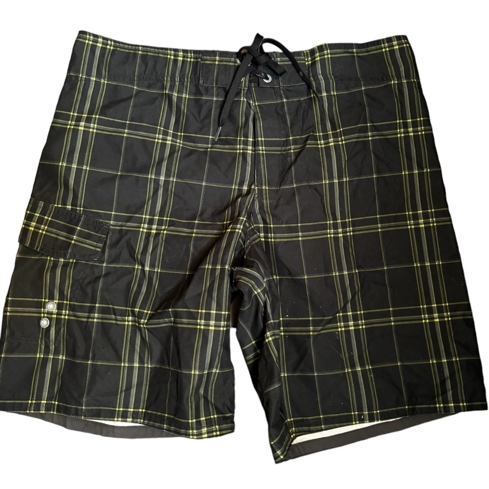 MOSSIMO SUPPLY CO plaid men’s bathing suit board shorts swimsuit size 38 green